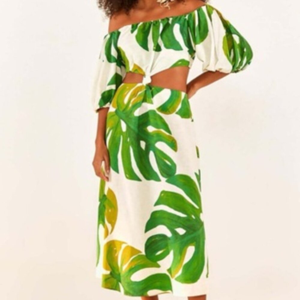 Farm Rio Monstera Cutout Waist Linen Blended Midi Dress Size XL NWT